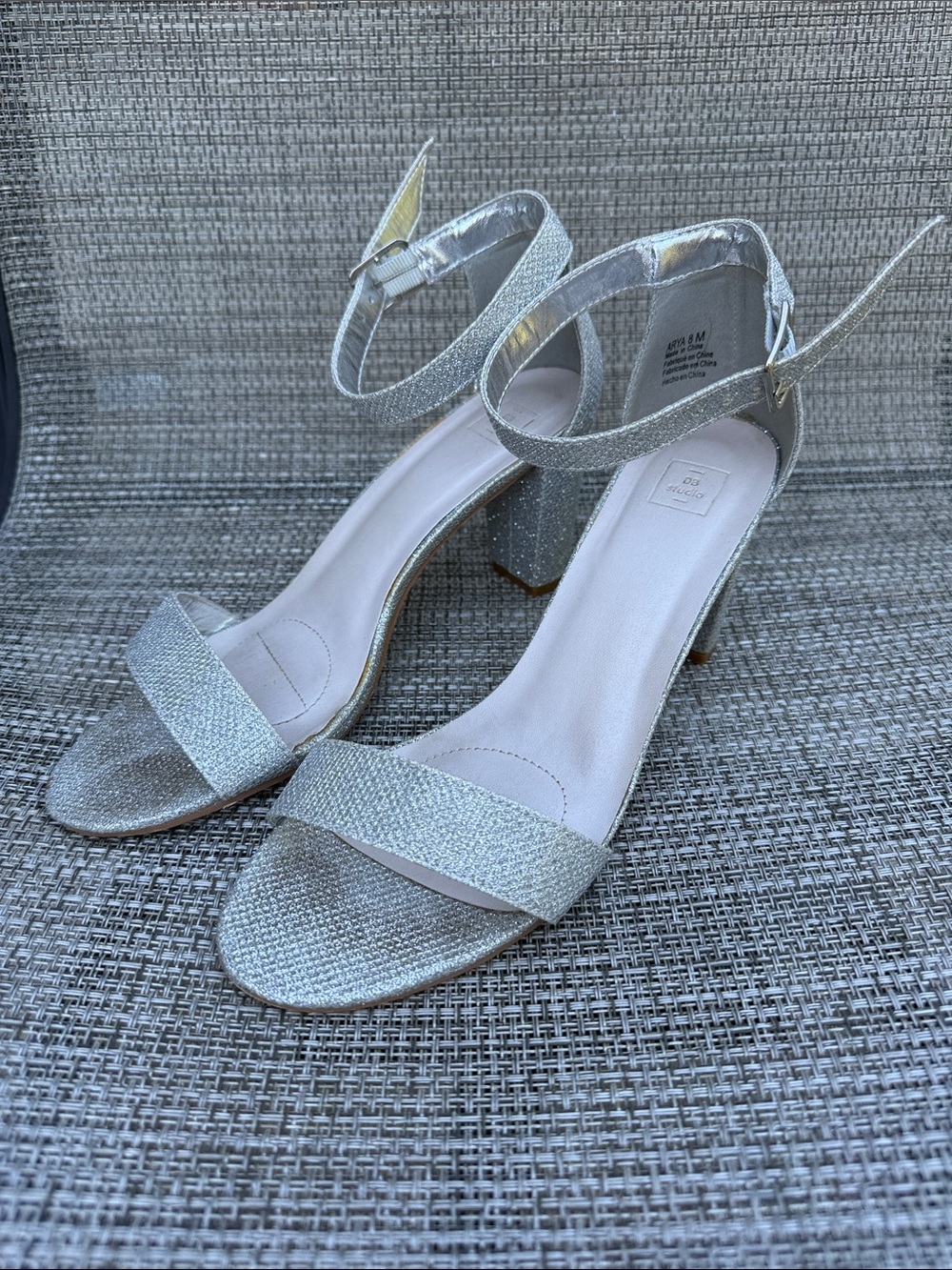 Sparkle Silver Ankle-Strap Block Heel Sandals